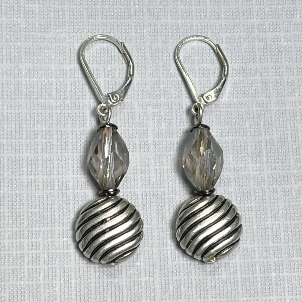 Leverback Drop Earrings Smoky Crystal Bead Dangle Silver Tone Striped Metal Disc